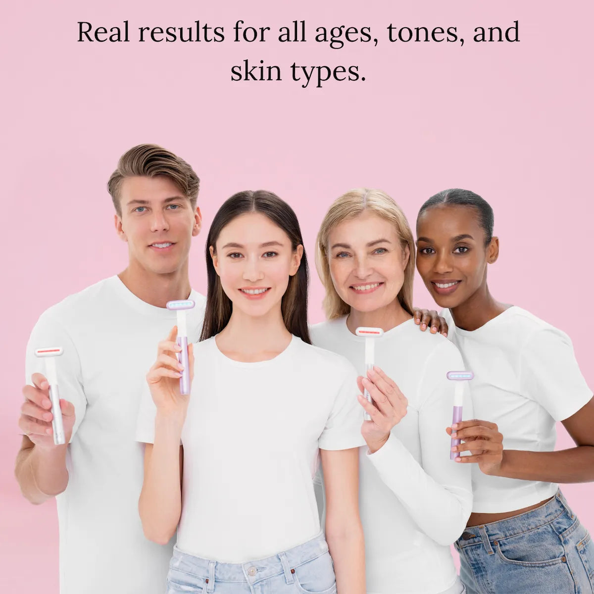 Four people holding skincare products against a pink background with text about product suitability for all ages, tones, and skin types.