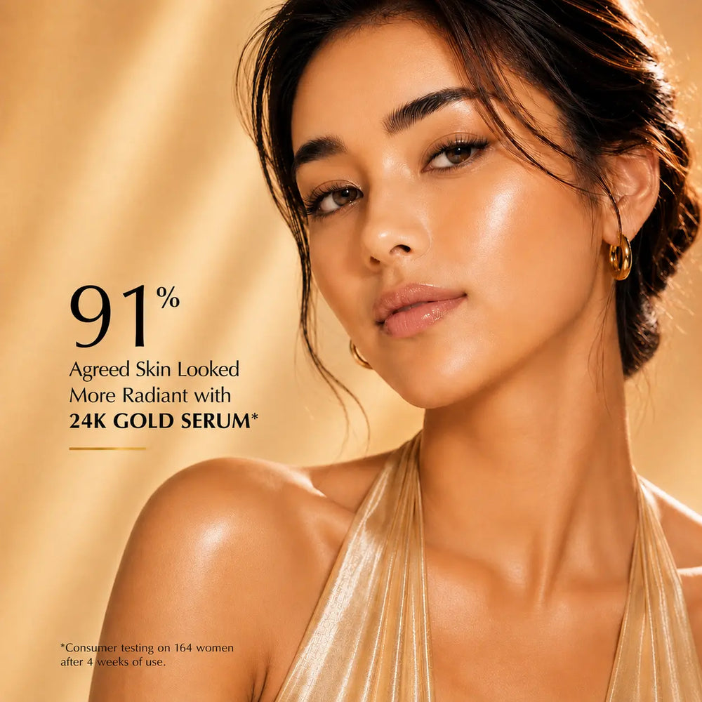 A close-up beauty ad showing a woman with radiant golden skin wearing gold hoop earrings and a champagne halter top against a warm gold background. Text on the left reads, '91% Agreed Skin Looked More Radiant with 24K Gold Serum'.