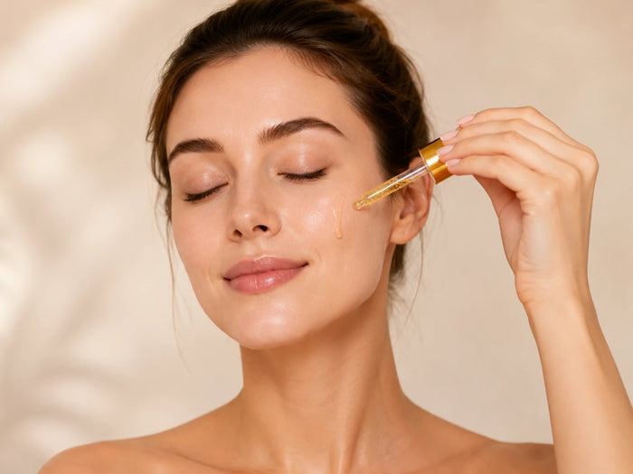 A close-up of a woman with her eyes closed, receiving a skincare dropper treatment on her cheek, with a gold dropper dispensing a drop of serum. The background is a soft, warm beige with subtle leaf shadows.
