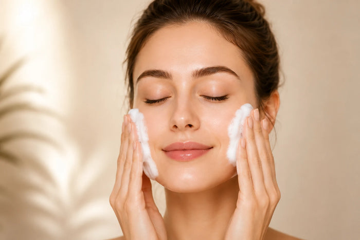 A close-up of a woman with her eyes closed, gently cleansing her face with white foam. She has a clean, radiant complexion, and her hands are placed on either side of her cheeks.