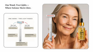 Product display with skincare device and serum, featuring a woman holding the items.