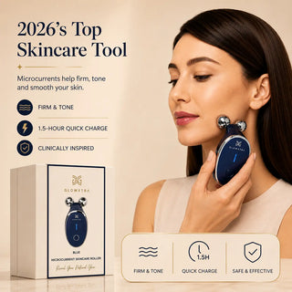 Woman using a skincare tool with product packaging and features highlighted on a beige background