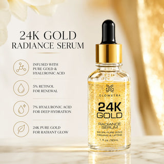 GlowXtra 24K Gold Radiance Serum clean ingredient infographic featuring cruelty-free, paraben-free, phthalate-free, sulfate-free icons and the full skincare ingredient list.