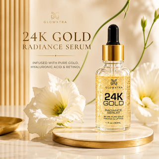 GlowXtra 24K Gold Radiance Serum with pure gold, hyaluronic acid, and retinol for hydrated, firmer, glowing skin.