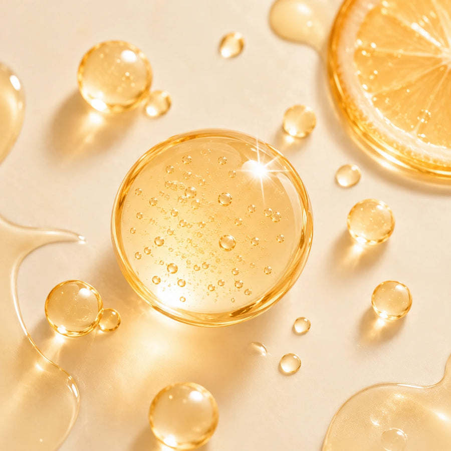 A close-up, top-down view of a glossy, translucent golden-yellow liquid droplet with tiny bubbles inside, surrounded by scattered clear and golden liquid droplets and a sliced lemon on a warm cream background.