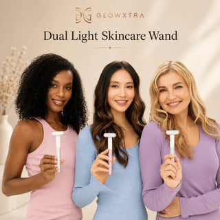 Three women holding a Dual Light Skincare Wand with 'GlowXtra' branding.