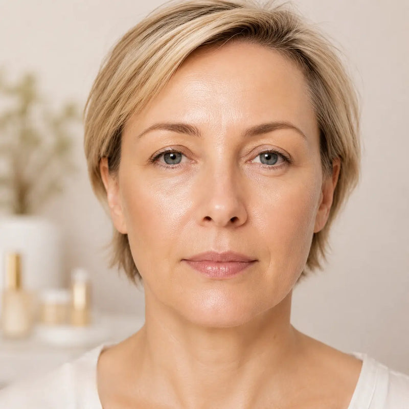 A woman is applying 24k gold serum. her skin is lifted, Tone, and Glow.