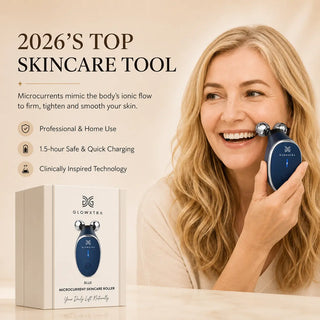 Woman using a skincare tool with product packaging and text about its features on a beige background