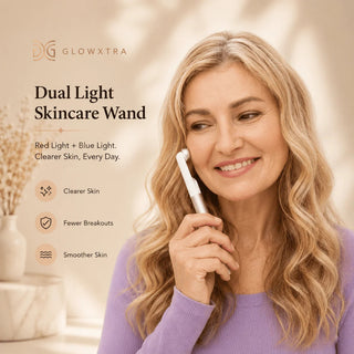 Woman holding a skincare wand with 'Glowxtra' branding and product features listed.