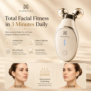 GLOWXTRA facial roller with benefits and before-and-after effects on skin.