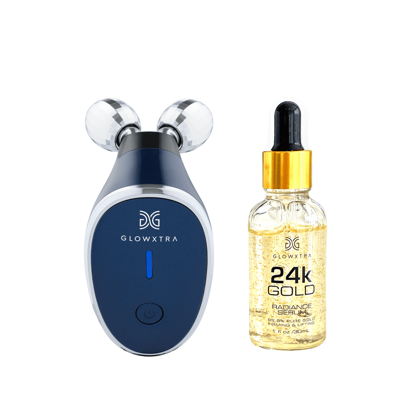 Golden Glow Set, Microcurrent Facial Roller +24K Gold Serum (Blue Roller )