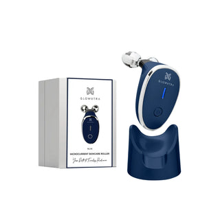 Blue skincare roller with packaging on a white background