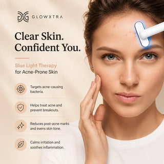 Woman using a blue light therapy device on her face with Glowxtra branding and product features listed.