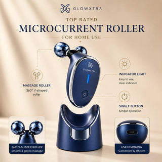 Glowxtra microcurrent roller with features highlighted on a beige background
