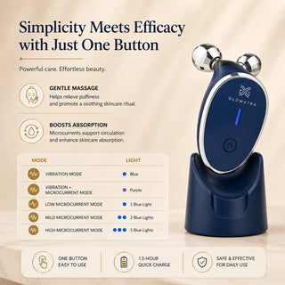 Glowextra device with features and benefits on a beige background