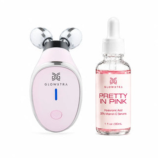 GlowXtra Silver Facial Sculpting Roller with Pretty In Pink Hyaluronic Acid and Vitamin C Serum
