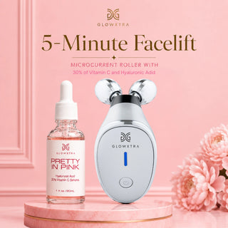 Glowxtra 5-Minute Facelift product set with serum and roller on a pink background