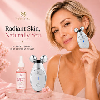 Woman using a skincare device with 'GlowXtra' products on a pink background