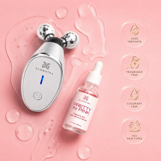 Glowextra skincare device and Pretty in Pink serum on a pink background with product features displayed.