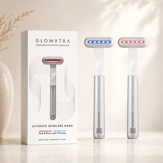 Glowxtra skincare wand with packaging on a neutral background