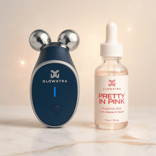 GlowXtra Facial Roller and Pretty In Pink serum bottle on a light background