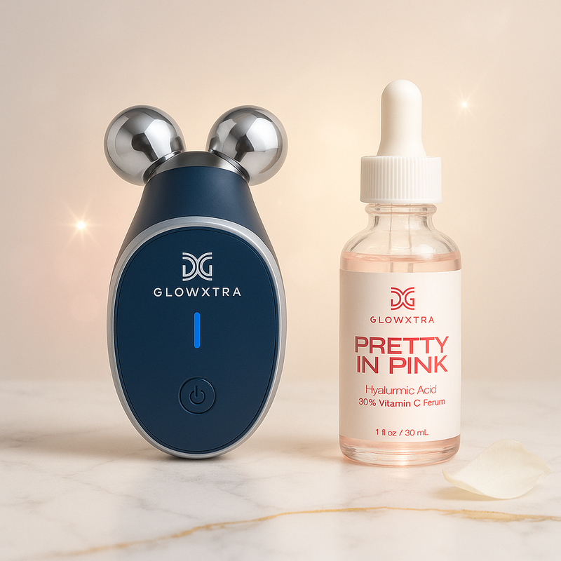 GlowXtra device and 'Pretty in Pink' serum bottle on a light background