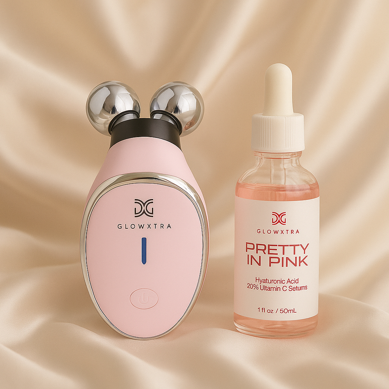 Pink skincare device and dropper bottle labeled 'GLOWXTRA Pretty in Pink' on a beige fabric background