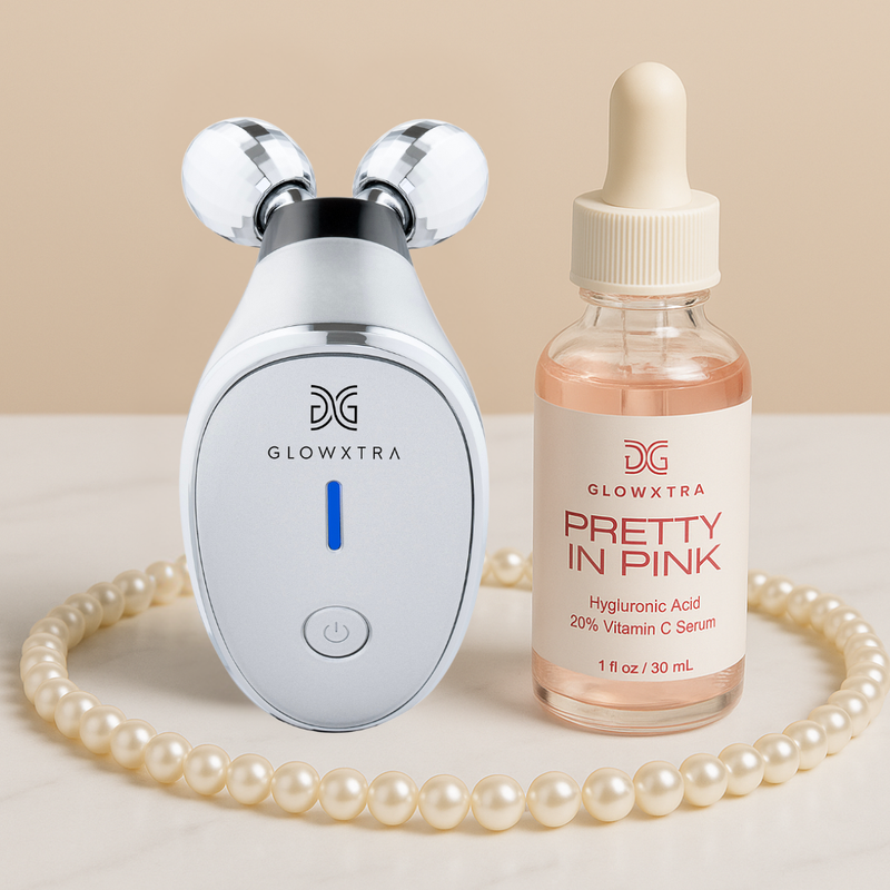 Glowxtra facial massager and Pretty in Pink serum bottle on a beige background