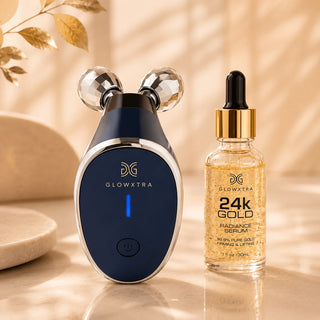 Glowxtra skincare device and 24K Gold serum on a beige background