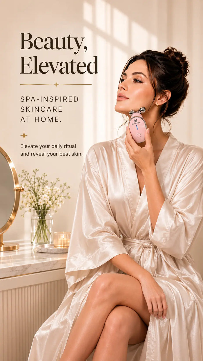 Woman using the GlowXtra Microcurrent Facial Roller in a luxurious spa-inspired setting with the message "Beauty, Elevated" promoting at-home skincare.