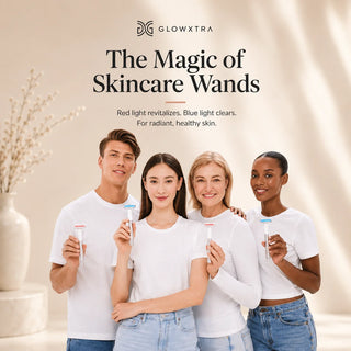 Four people holding skincare wands with 'Glowxtra' branding and text about light therapy for skin.