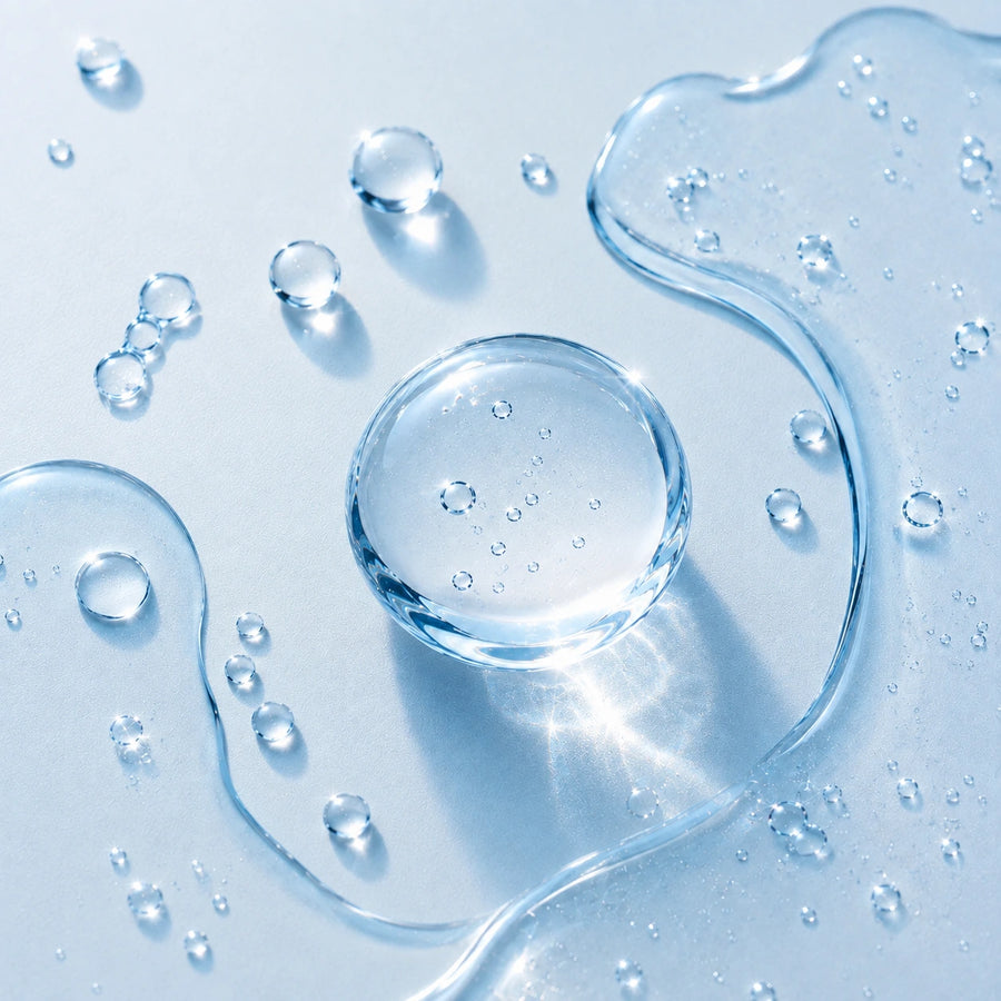 Clear liquid droplets and a large water droplet resting on a glossy light blue surface, with small bubbles scattered around.