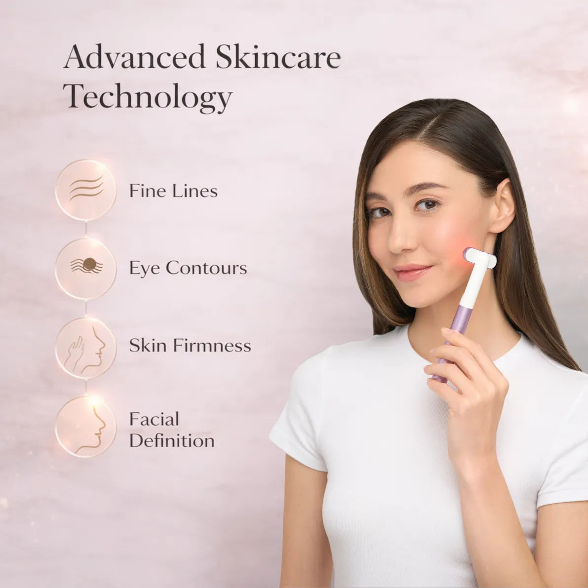 Woman using a skincare device with advanced skincare technology features on a pink background