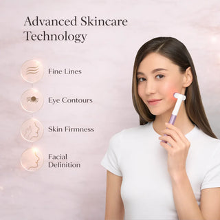 Woman using a skincare device with advanced skincare technology features on a pink background