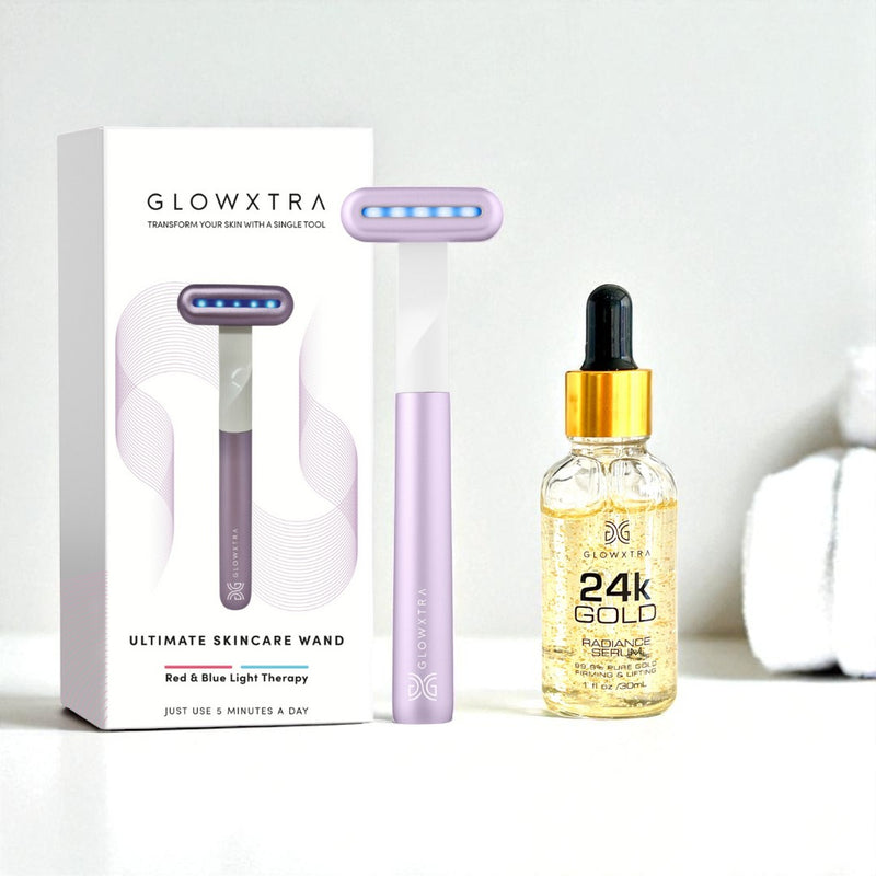 Glowxtra skincare product set with wand, light therapy device, and serum bottle on a white background