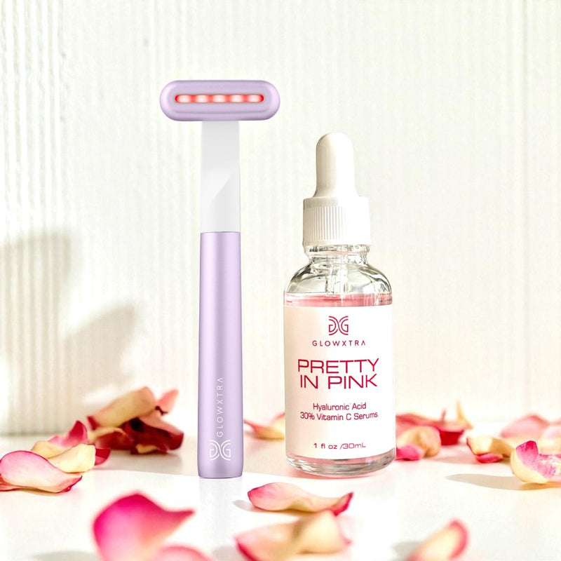 GlowXtra Pretty in Pink vitamin C serum with lavender LED skincare wand