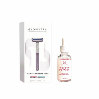 GlowXtra Dual Light Skincare Wand with red and blue light therapy box next to Pretty in Pink Vitamin C serum bottle on white background