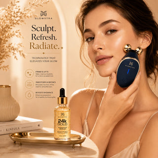 Woman using a skincare device with GLOWXTRE products on a neutral background