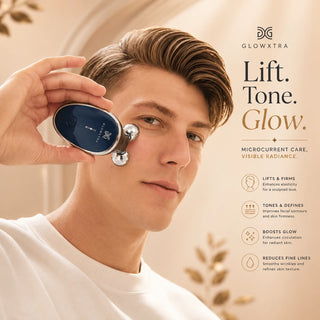 Person holding a skincare device with Glowtra branding and product features listed.