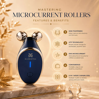 Glowxtara microcurrent roller with features and benefits on a decorative background