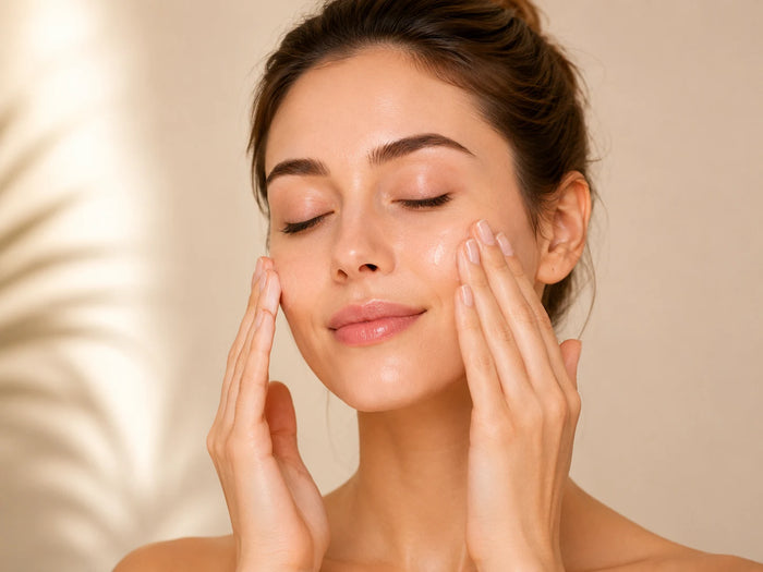 A close-up of a woman with closed eyes and hands on her face, applying or absorbing a skincare product, set against a warm beige background with soft leaf shadows.