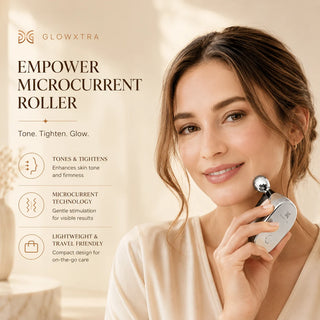 Woman holding a GLOWXTRA microcurrent roller with product features listed.