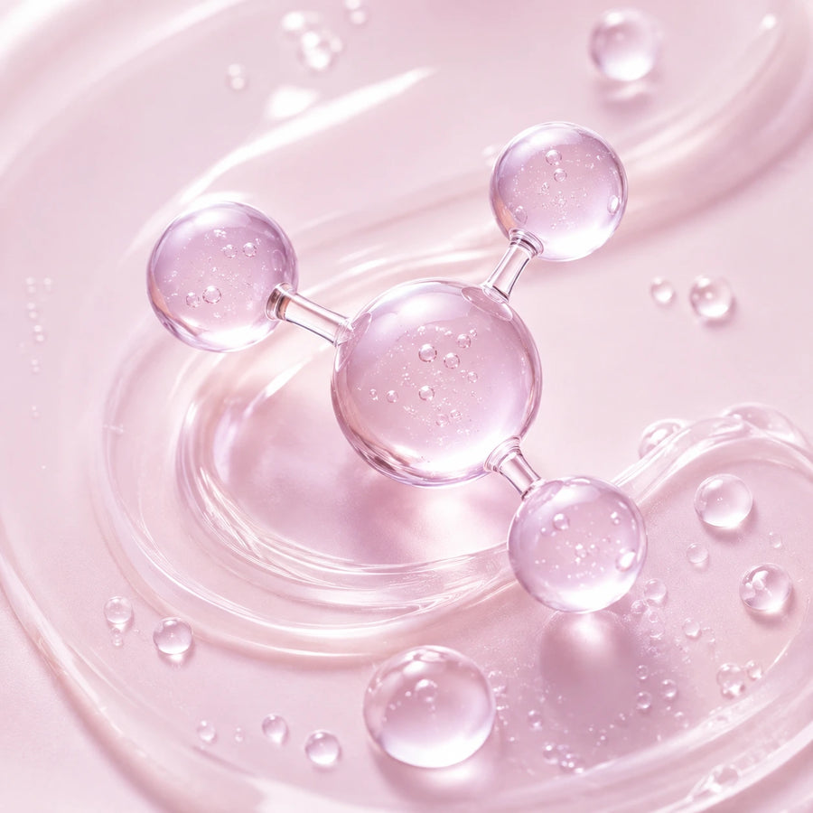 A close-up of a translucent pink cosmetic cream or gel swatch with water droplets, featuring a small clear molecular model resting on top.