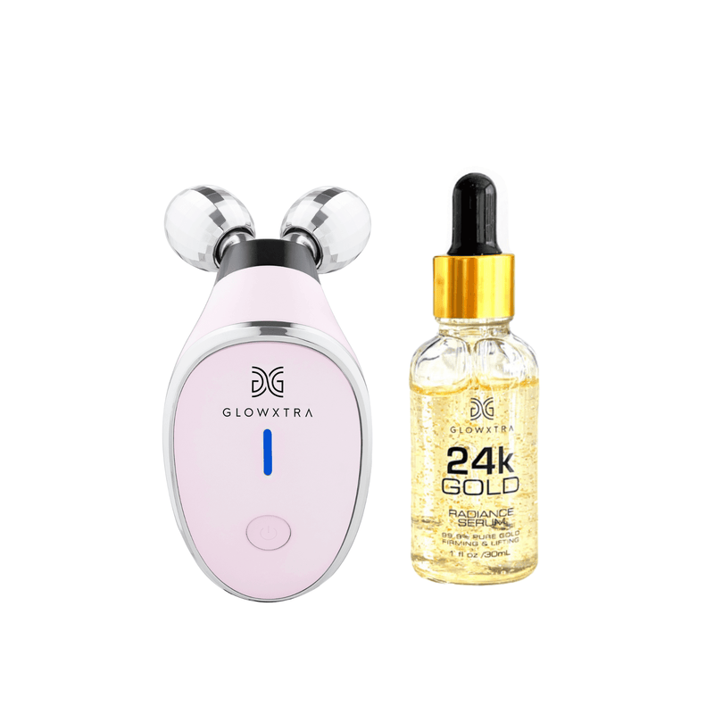 Golden Glow Set: Microcurrent Facial Roller + 24K Gold Serum ( Pink Roller)