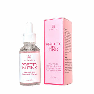Glowtra 'Pretty in Pink' serum bottle and packaging on a white background