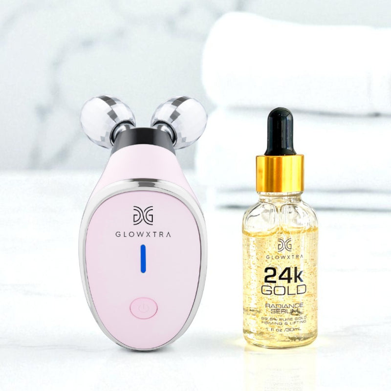 GlowXtra device and 24K Gold serum on a white background