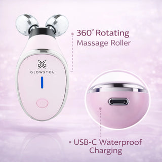 Glowxtra 360° rotating massage roller with USB-C waterproof charging on a pink background