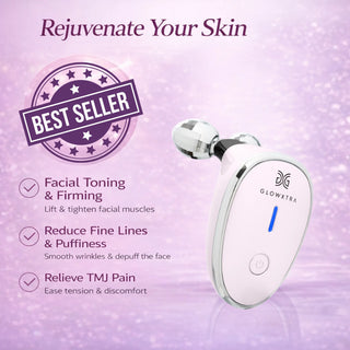 GlowXtra facial roller with features on a purple background