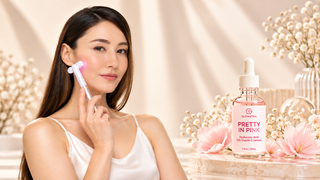 A woman in a white satin top holds a pink beauty device against her cheek beside a bottle labeled Pretty in Pink, with soft floral decor and warm cream drapery in the background.