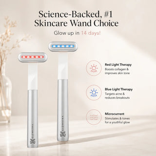 Skincare wand with red and blue lights on a beige background, featuring text about skincare benefits.